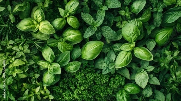 Obraz Lush Green Herbs - Basil, Mint, Rosemary, Parsley Texture Background.