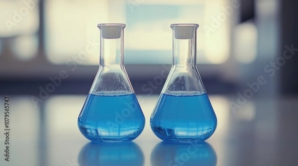 Fototapeta Two glass beakers containing blue liquid are positioned on a table