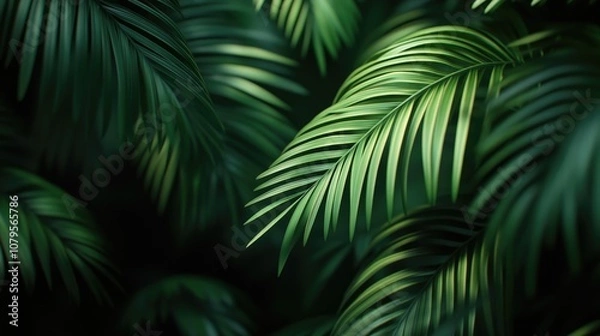 Fototapeta Softly focused green palm leaves create a natural backdrop evoking a lush jungle atmosphere