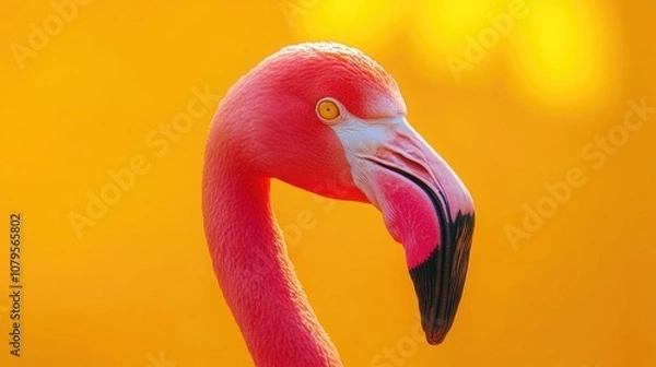 Fototapeta Close up portrait of a pink flamingo set against a bright orange yellow backdrop
