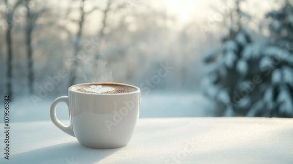 Fototapeta Steaming coffee in a white mug placed on a white table with a snowy forest scene in the background