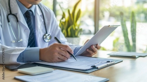 Fototapeta health insurance law, Asian male lawyer reviewing health insurance policies, focused and analytical, professional workspace