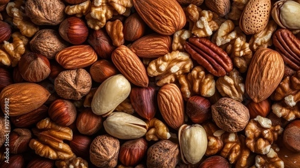 Fototapeta Close-up Macro Photo of Assorted Nuts Almonds, Walnuts, Hazelnuts, Pistachios, and Pecans.