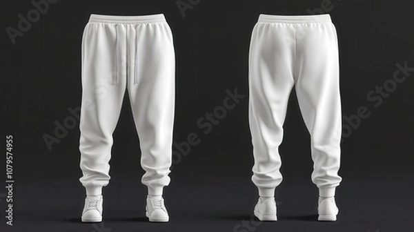 Fototapeta White Jogger Pants Mockup Template for Men - Front and Back View 3D Rendering.