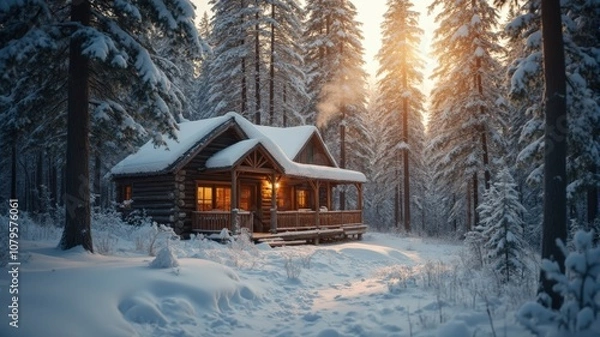 Fototapeta Cozy Wooden Cabin Amidst Tall Pine Trees in Serene Winter Setting at Sunset, Surrounded by Fresh Snow, Offering Tranquility, Comfort, and a Peaceful Rustic Retreat in Nature