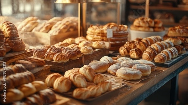 Fototapeta Charming bakery showcase featuring an assortment of freshly baked pastries and rolls in a warm shop atmosphere