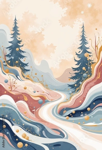 Fototapeta Warm Abstract Christmas Card: Cozy Winter Evening with Japanese-Inspired Patterns and Soft Pastels. 和風要素を取り入れた温かみのある抽象クリスマスカード：柔らかなパステルカラーの冬の夕暮れ。