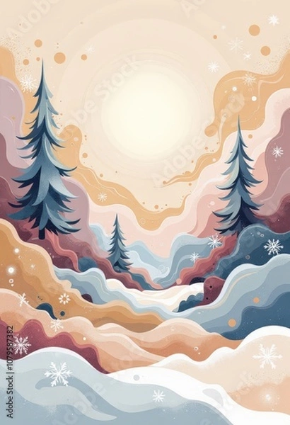 Fototapeta Warm Abstract Christmas Card: Cozy Winter Evening with Japanese-Inspired Patterns and Soft Pastels. 和風要素を取り入れた温かみのある抽象クリスマスカード：柔らかなパステルカラーの冬の夕暮れ。