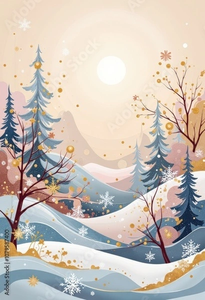 Fototapeta Warm Abstract Christmas Card: Cozy Winter Evening with Japanese-Inspired Patterns and Soft Pastels. 和風要素を取り入れた温かみのある抽象クリスマスカード：柔らかなパステルカラーの冬の夕暮れ。