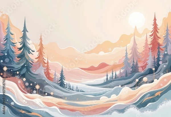 Fototapeta Warm Abstract Christmas Card: Cozy Winter Evening with Japanese-Inspired Patterns and Soft Pastels. 和風要素を取り入れた温かみのある抽象クリスマスカード：柔らかなパステルカラーの冬の夕暮れ。