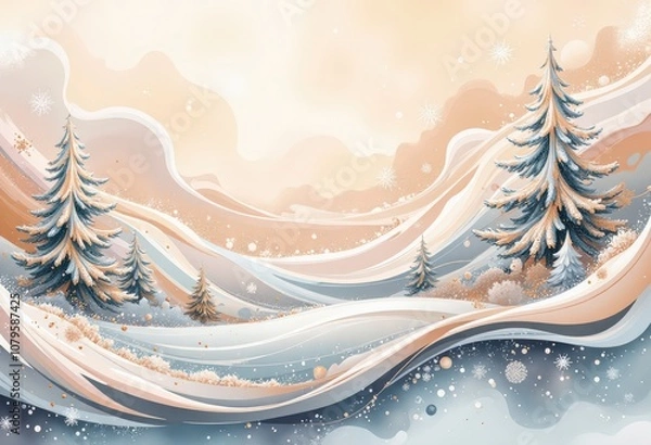 Fototapeta Warm Abstract Christmas Card: Cozy Winter Evening with Japanese-Inspired Patterns and Soft Pastels. 和風要素を取り入れた温かみのある抽象クリスマスカード：柔らかなパステルカラーの冬の夕暮れ。