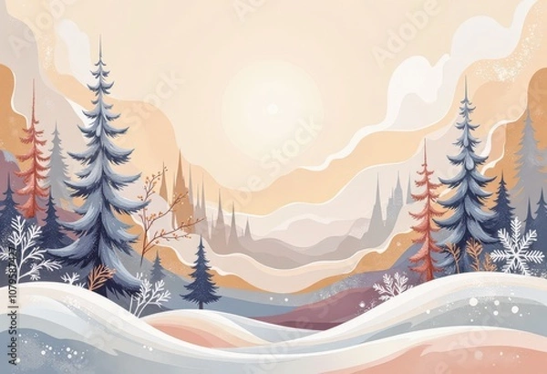 Fototapeta Warm Abstract Christmas Card: Cozy Winter Evening with Japanese-Inspired Patterns and Soft Pastels. 和風要素を取り入れた温かみのある抽象クリスマスカード：柔らかなパステルカラーの冬の夕暮れ。