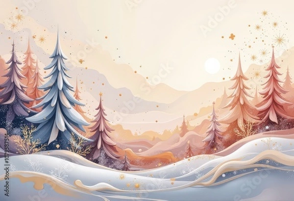 Fototapeta Warm Abstract Christmas Card: Cozy Winter Evening with Japanese-Inspired Patterns and Soft Pastels. 和風要素を取り入れた温かみのある抽象クリスマスカード：柔らかなパステルカラーの冬の夕暮れ。