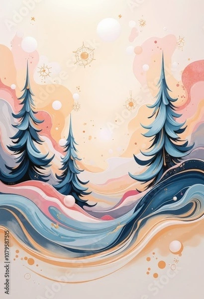 Fototapeta Warm Abstract Christmas Card: Cozy Winter Evening with Japanese-Inspired Patterns and Soft Pastels. 和風要素を取り入れた温かみのある抽象クリスマスカード：柔らかなパステルカラーの冬の夕暮れ。