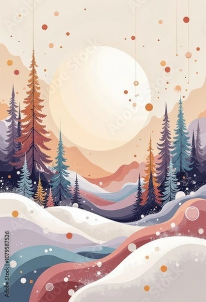 Fototapeta Warm Abstract Christmas Card: Cozy Winter Evening with Japanese-Inspired Patterns and Soft Pastels. 和風要素を取り入れた温かみのある抽象クリスマスカード：柔らかなパステルカラーの冬の夕暮れ。