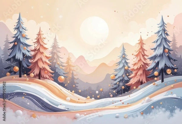 Fototapeta Warm Abstract Christmas Card: Cozy Winter Evening with Japanese-Inspired Patterns and Soft Pastels. 和風要素を取り入れた温かみのある抽象クリスマスカード：柔らかなパステルカラーの冬の夕暮れ。