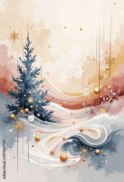 Fototapeta Warm Abstract Christmas Card: Cozy Winter Evening with Japanese-Inspired Patterns and Soft Pastels. 和風要素を取り入れた温かみのある抽象クリスマスカード：柔らかなパステルカラーの冬の夕暮れ。