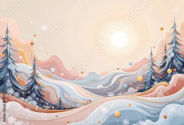 Fototapeta Warm Abstract Christmas Card: Cozy Winter Evening with Japanese-Inspired Patterns and Soft Pastels. 和風要素を取り入れた温かみのある抽象クリスマスカード：柔らかなパステルカラーの冬の夕暮れ。