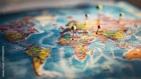 Obraz World Map with Push Pins Marking Locations