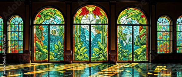 Obraz Art Nouveau Floral Stained Glass Window in Sunlit Archway