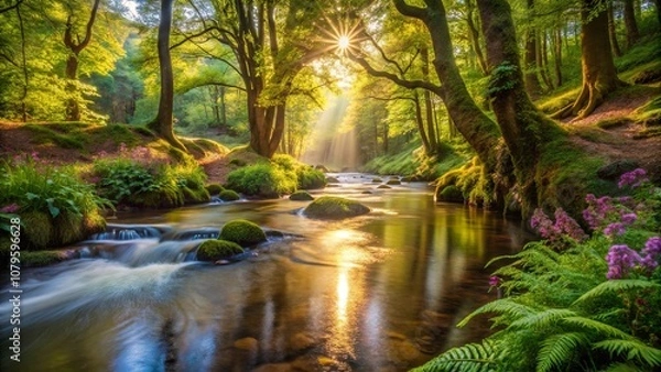 Obraz Sunbeams Dancing on a Tranquil Forest Stream, Reflecting a Golden Glow Amidst Lush Greenery and Cascading Water