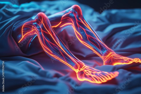 Obraz A depiction of the sensation of Restless Legs Syndrome, also known as Willis-Ekbom disease. The feeling of legs creeping, crawling, painful, on fire, and thus not able to sleep.