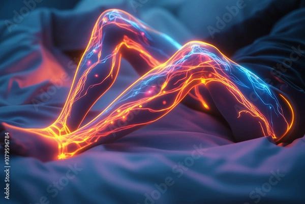 Obraz A depiction of the sensation of Restless Legs Syndrome, also known as Willis-Ekbom disease. The feeling of legs creeping, crawling, painful, on fire, and thus not able to sleep.