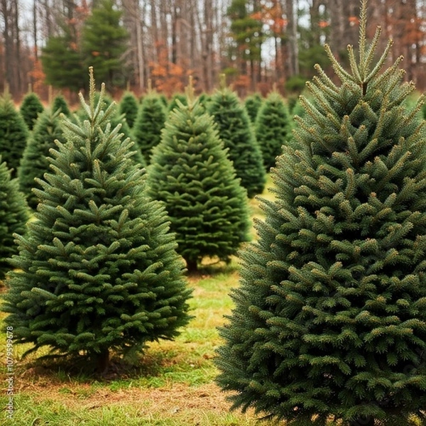 Fototapeta A Christmas tree farm with rows of evergreen trees