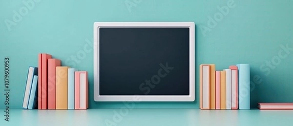 Fototapeta Stylish workspace with colorful books and a blank chalkboard.