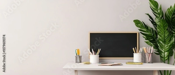 Fototapeta A stylish workspace featuring plants and stationery supplies.