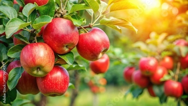 Obraz Red apples growing on green leafy branches in a lush garden , Apples, Red, Green, Garden, Growth, Orchard, Fresh, Nature, Harvest