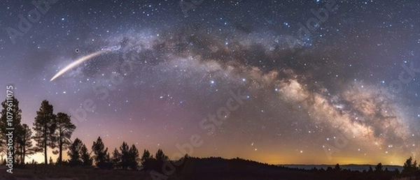 Fototapeta Milky Way night sky with comet Neowise and pine tree silhouettes, AI generated image
