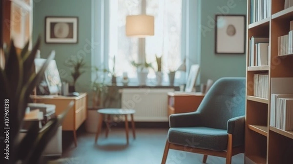 Fototapeta Psychologist or psychotherapist office interior with selective focus and ample copy space for text