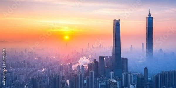 Fototapeta A vibrant city skyline at sunset with towering skyscrapers and a colorful sky.