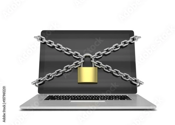 Fototapeta 3d illustration computer security. laptop locked with chains and padlock