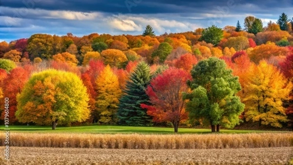 Fototapeta Beautiful autumn scene with red, yellow, and green trees at the edge of a cornfield, autumn, fall colors, trees, harvest, cornfield