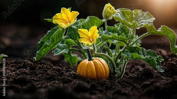 Fototapeta Vibrant pumpkin budding with blossoms in sunlit garden