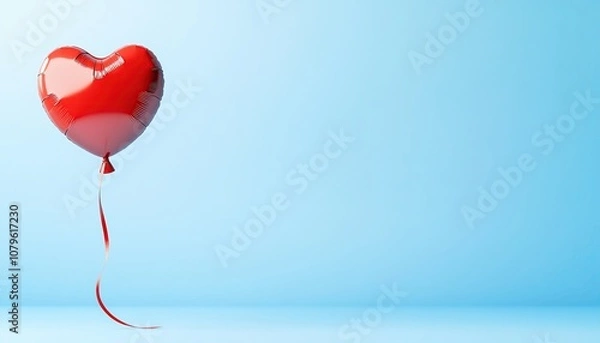 Obraz A floating red heart balloon in 3D, with a long ribbon trailing down, set against a soft pastel blue background with plenty of open space to create a light, airy feeling