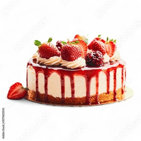 Obraz Strawberry Dream Cheesecake: A luscious strawberry cheesecake, adorned with fresh strawberries and a glistening glaze, sits on a simple gold base.