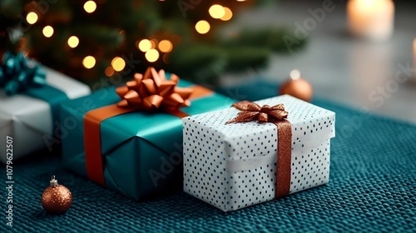 Fototapeta Beautifully wrapped holiday gifts in colorful wrapping paper and ribbons placed under a lush green Christmas tree decorated with warm twinkling lights creating a cozy festive scene