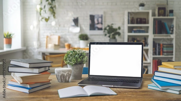 Fototapeta Various type of books near the laptop with blank white screen on wooden desk high quality photo