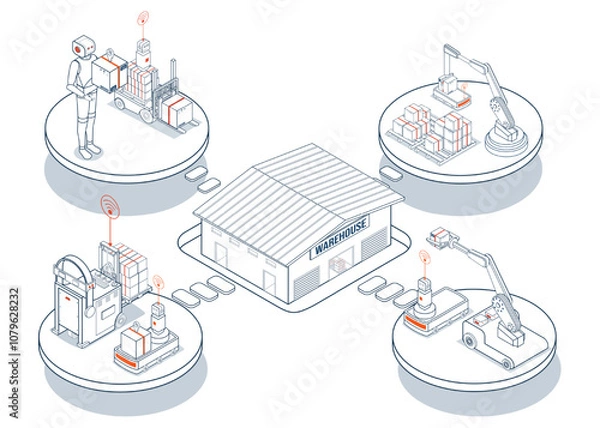 Fototapeta Automated Guided Vehicles (AGVs) and Autonomous Mobile Robots (AMRs) are self-driving vehicles that transport materials in industrial and healthcare facilities. Vector illustration EPS 10