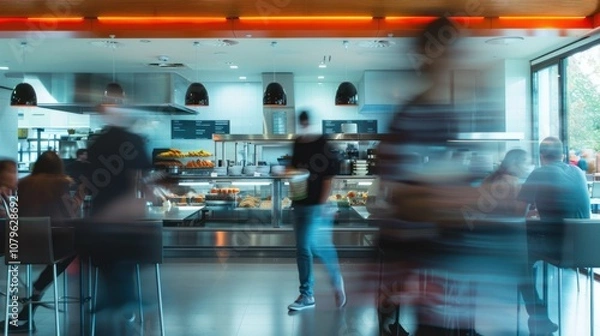 Fototapeta Motion blurred activity in workplace Cafeteria, AI generated image