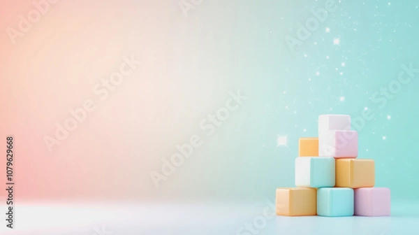 Fototapeta Colorful Cubes Stacked in a Playful Arrangement with a Dreamy Background of Soft Pastels and Sparkling Stars, Perfect for Children’s Themes and Creative Projects