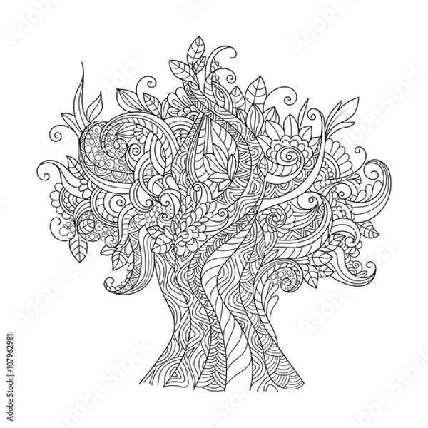 Obraz Doodle art tree. Zentangle floral pattern.  Hand-drawn design element. 