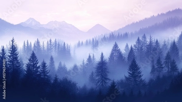 Fototapeta Realistic illustration of a foggy forest in the mountains during the morning evoking a mystical atmosphere