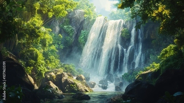 Fototapeta Majestic waterfall cascading through a lush jungle surrounded by vibrant green trees and rocky boulders