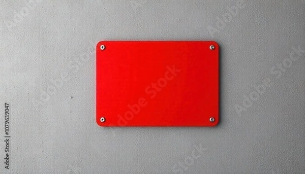 Fototapeta A bright red sign with a bold exclamation mark, mounted on a grey wall. The contrast between the vibrant red and the muted grey background emphasizes the importance of the warning.