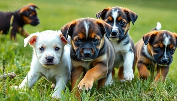 Fototapeta A group of playful puppies frolicking in a grassy field