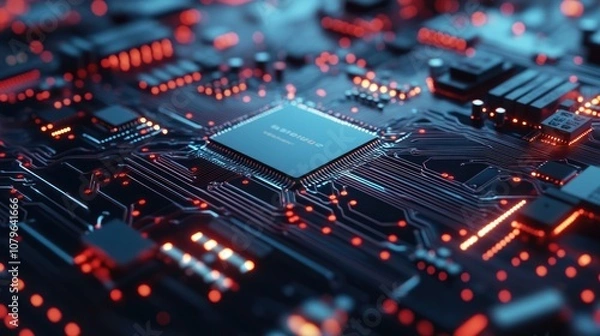 Fototapeta Closeup of a Circuit Board with Glowing Red and Blue Lights